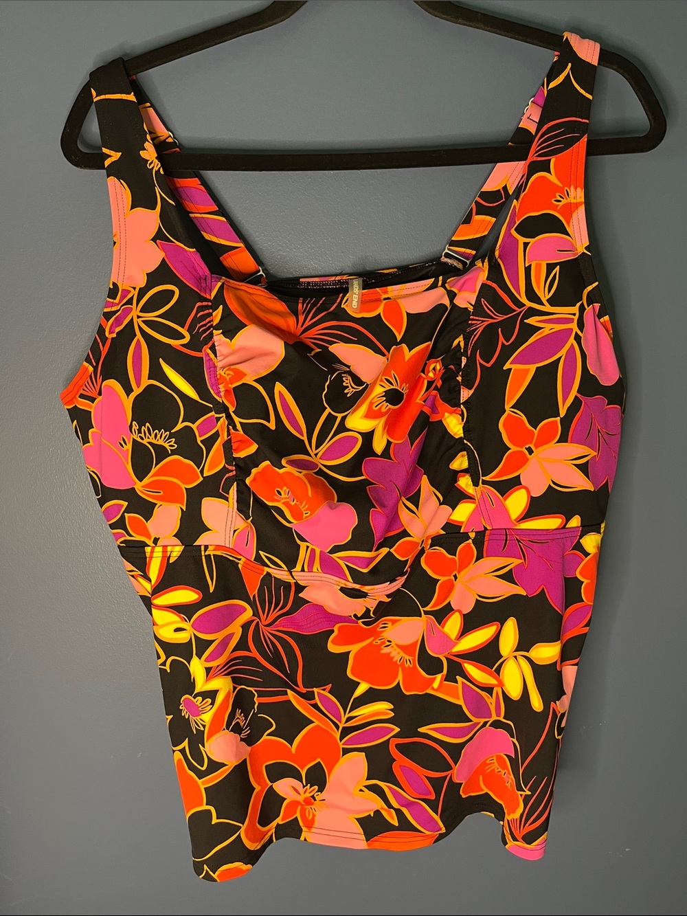 Lands' End women's tankini bathing suit top, floral black, red pink orange lilac